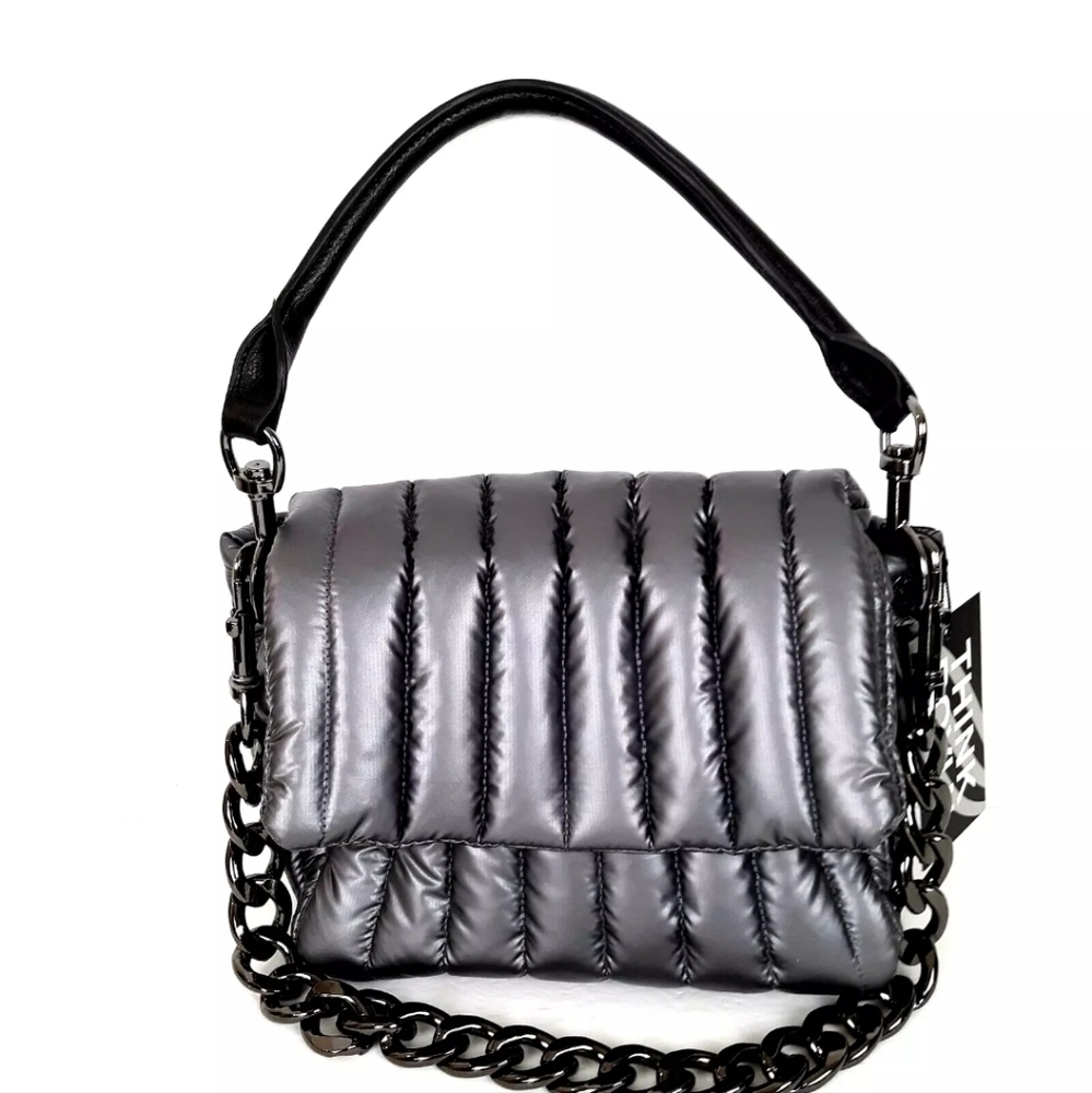 Think Royln Puffer Handbag Shoulder Strap with Chunky Gunmetal Chain Silver New